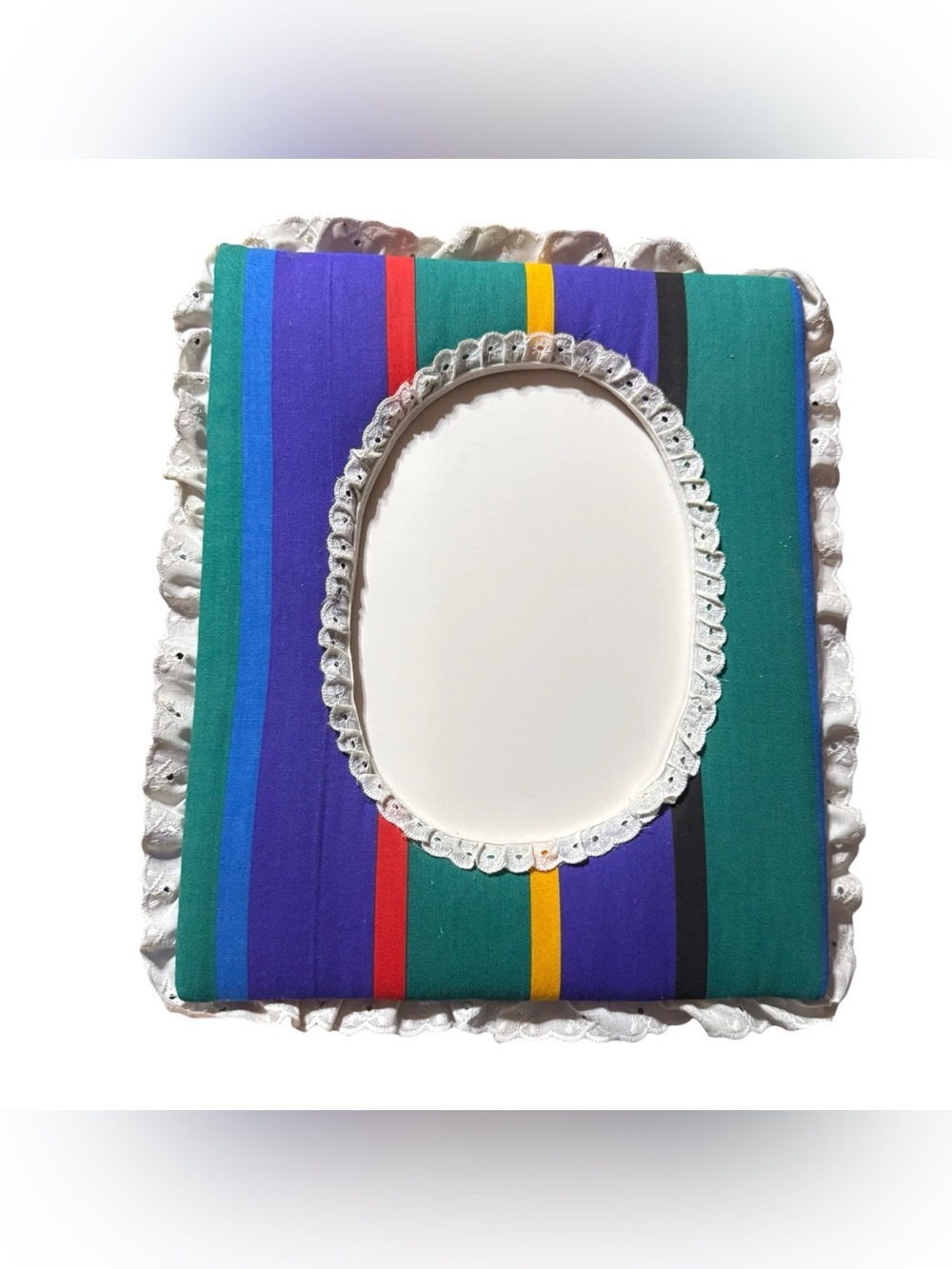Vintage Padded Fabric Picture Frame Striped Lace Trim Oval Opening